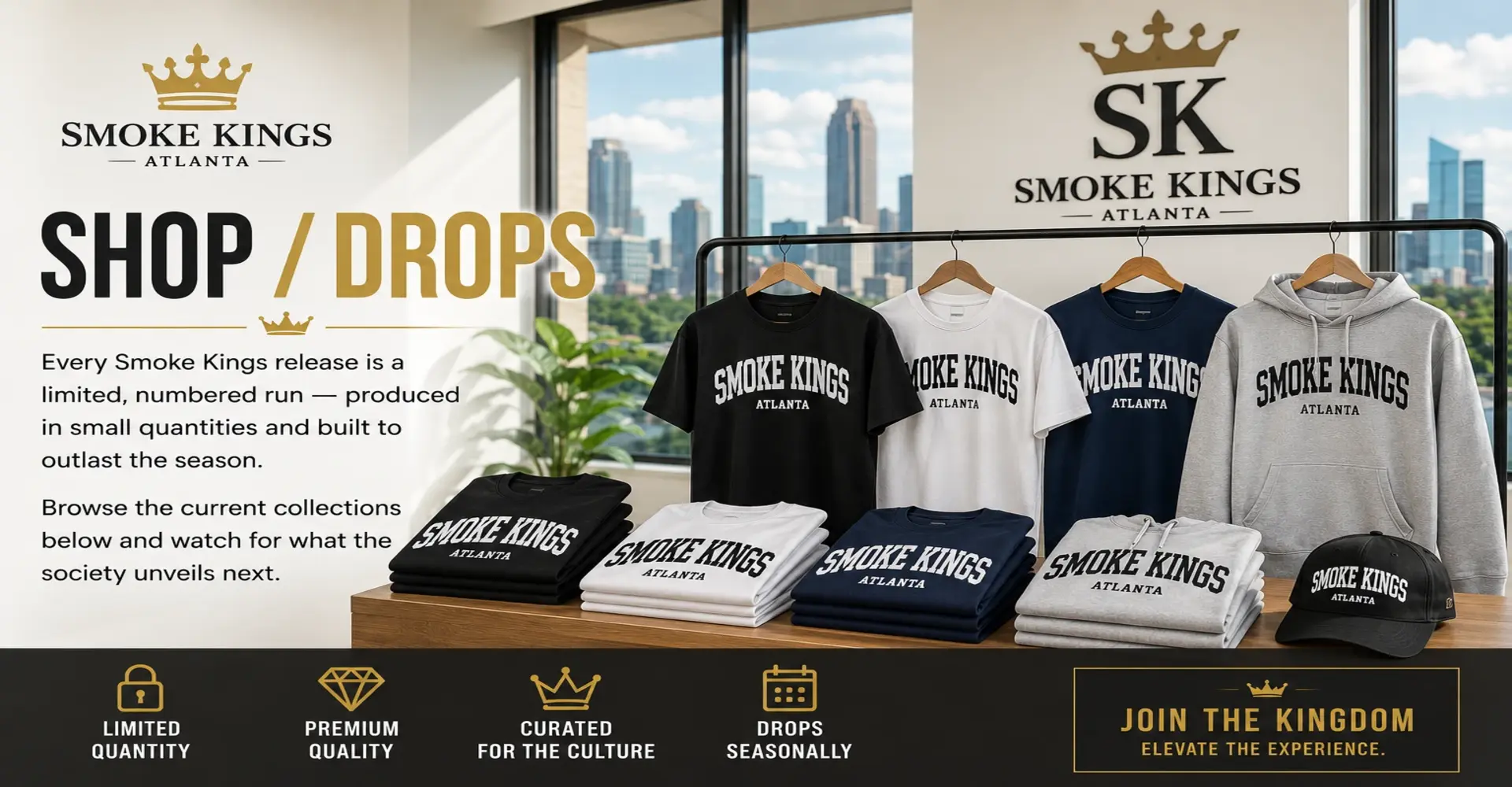 Smoke Kings Shop / Drops promotional banner featuring the current apparel release